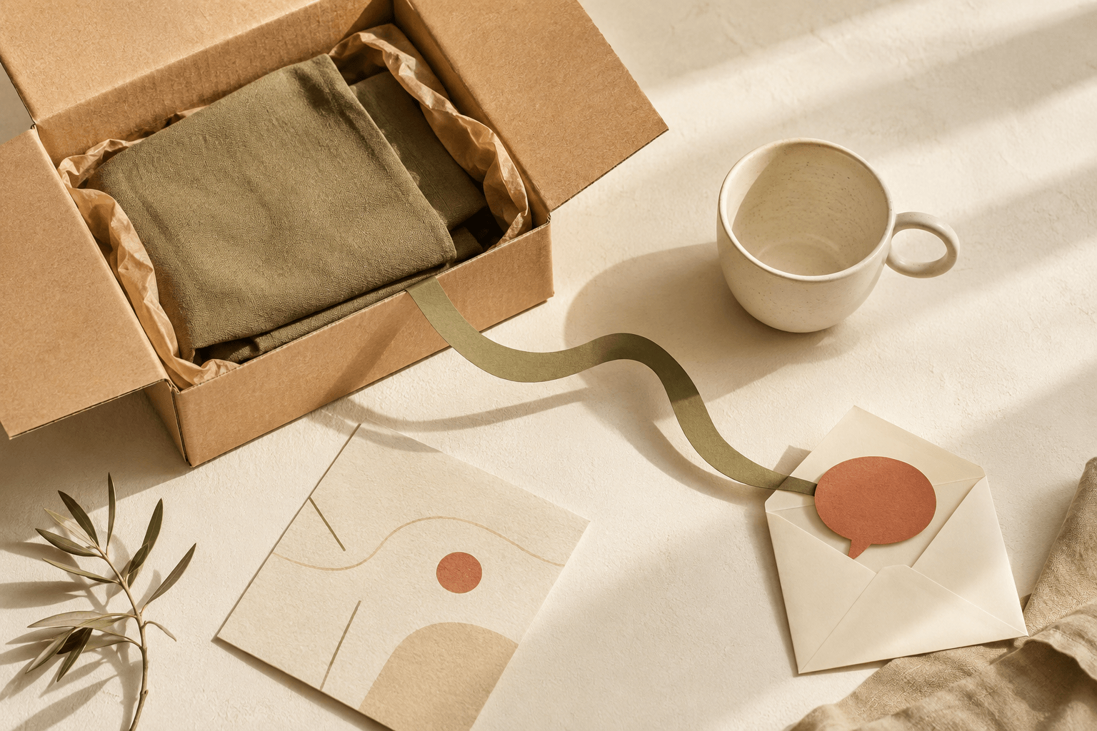 An open parcel, folded linen, care slip, and an envelope linked by an olive ribbon, showing the connection between a purchase and customer care.