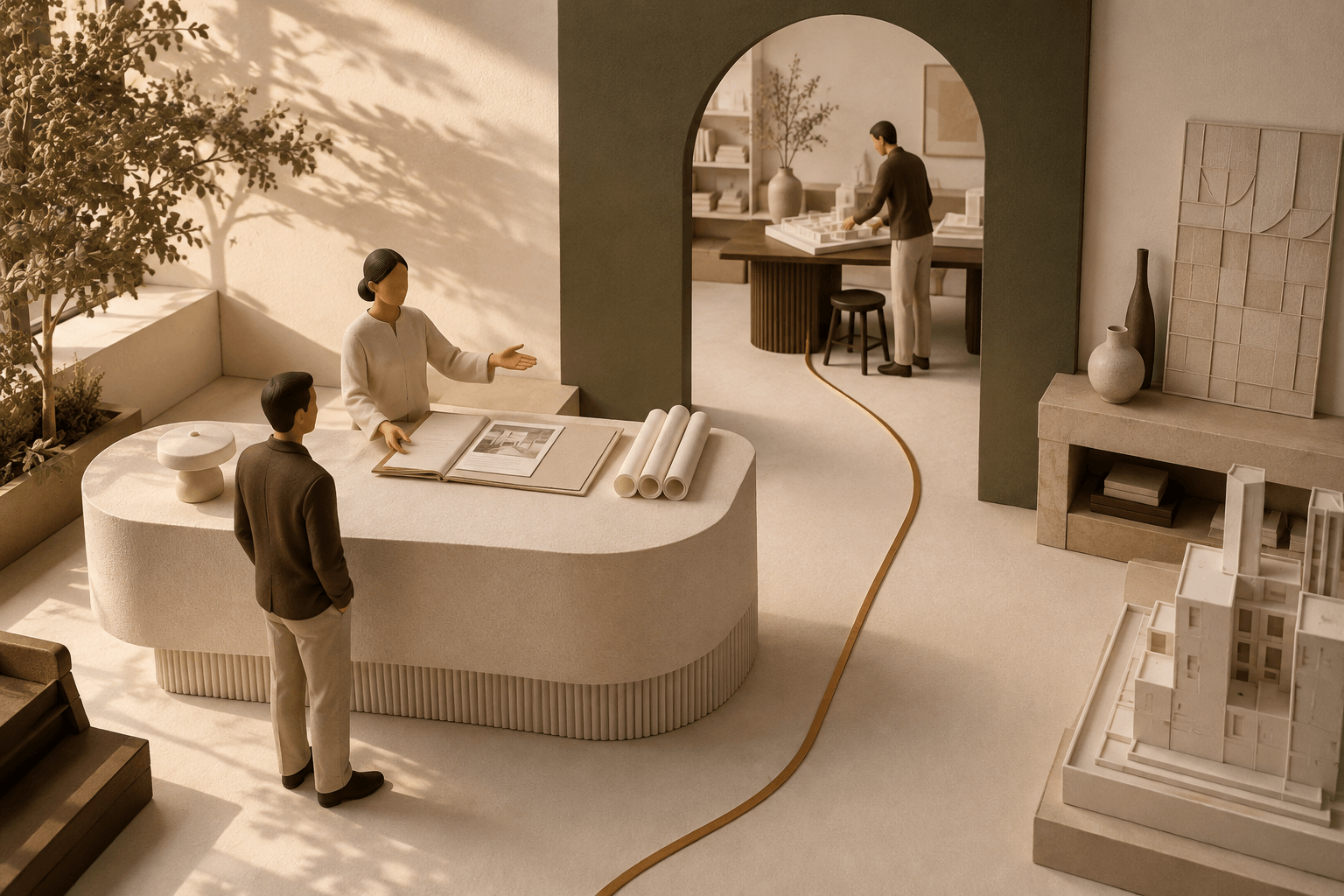 A client welcomed at a studio reception desk, with a project folder and a brass path leading to the teammate who will help.
